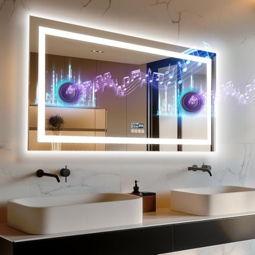 LUVODI Badspiegel mit Bluetooth 100x60cm: Badezimmer Spiegel mit Beleuchtung und Entfoggen, 3 Farbtemperaturen, Speicherfunktion, Dimmbar, IP56 Led Schminkspiegel