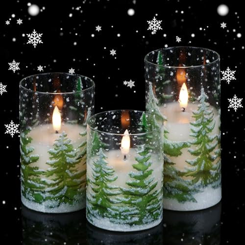 Eldnacele Christmas Glass Flameless Flickering Candles with Remote, Battery Operated LED Candles Real Wax with GreenTree Decals for Christmas Decorations