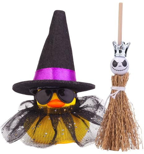 Mwmoeen Decorazione per Halloween, in gomma, anatra, divertente decorazione per cruscotto auto, con Magic Hat scopa, collana e occhiali da sole per Halloween, tema feste, bomboniere (B2)