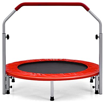 GOPLUS Fitnesstrampolin Indoor, φ101cm Mini Trampolin mit höhenverstellbarer Haltegriff, klappbares Kindertrampolin bis 150kg belastbar, Gartentrampolin für Erwachsene, Jumping Fitness (Rot)