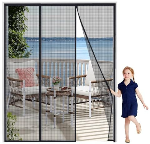 InsektenschutztüR Ohne Bohren 90x220cm Schwarz Balkon Fliegengitter zwei Öffnungen für Balkontür, Kellertür und Terrassentür