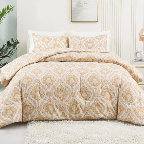TMMDH Bettdecke 200x220 Ohne Bezug Nutzbar, Blumenmuster Drucken Bettdecken Waschbar Ganzjahresdecke Gelb 4 Jahreszeiten Steppdecke, Bettzeug Microfaser mit 2 Kissenbezug für Sommer Winter Doppelbett