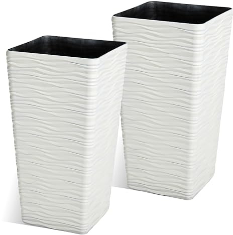 JonesHouseDeco Macetas altas blancas para árbol de 2 piezas, cuadradas, de 55 cm de alto, macetas cónicas onduladas para interiores y exteriores, modernas macetas decorativas con acabado ondulado