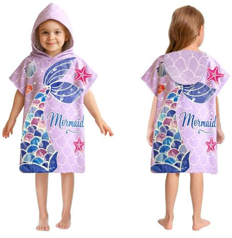 LMSHOWOWO Toalla Infantil con Capucha, Microfibra Toalla de Baño para Niños, Toalla de Playa con Capucha, Suave y Absorbente Poncho de Surf, para Playa Piscina Niñas Niños 2-8 Años (Sirena)
