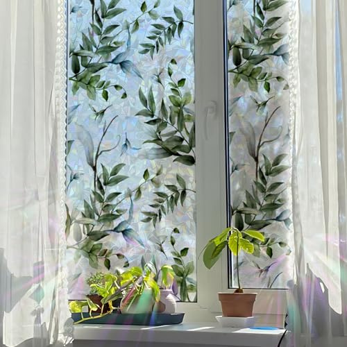 Runtoo Sichtschutzfolie für Fenster, Regenbogen-grüne Blätter, Fensteraufkleber, 3D-Dekor, Vinyl, Buntglas, botanische Aufkleber, statischer Aufkleber, nicht klebend, 40 x 101,6 cm