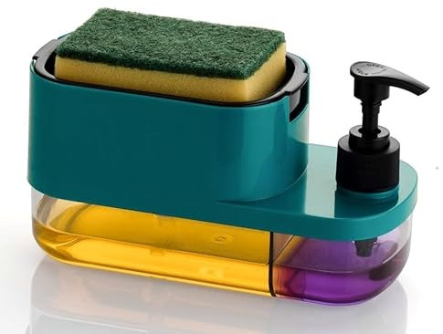 Dispenser di sapone in plastica 3 in 1, dispenser per sapone liquido, supporto per spugna, dispenser per sapone per cucina, piano di lavoro, cucina, bagno (multicolore)