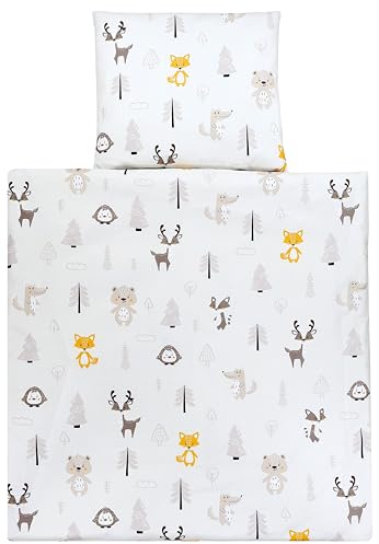 TupTam Wiegenset, Wald/Fuchs/REH/Igel/Bärchen/Beige, 80x80 cm | Baby 4-teilig Unisex Bettwäsche-Set: Bettdecke und Kopfkissen mit Bezug