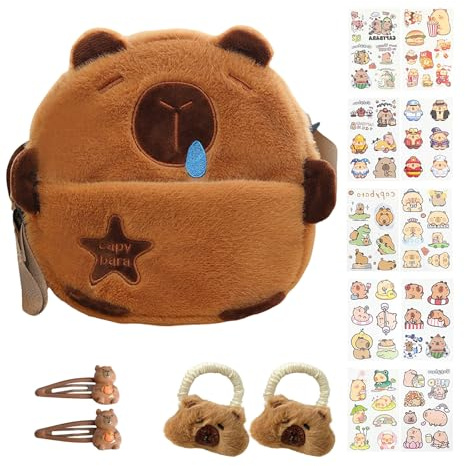 Capybara, graziosa borsa a tracolla Capybara con fermagli per capelli cravatte per capelli tatuaggi temporanei per ragazze borsa in peluche borsa a tracolla regolabile per shopping, viaggi, bomboniere
