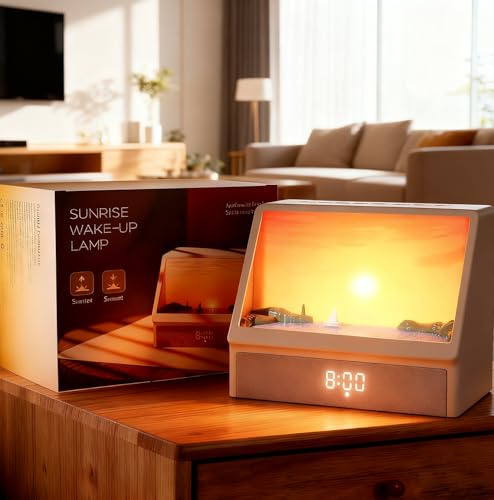 Sunrise Alarm Clock for Bedrooms, White Noise Machine Creative Simulated Sunrise Animation with 7 Modes, 12 Natural Sounds, Music Speaker & Remote, Wake Up Light Sunset Lamp Gifts for Heavy Sleepers