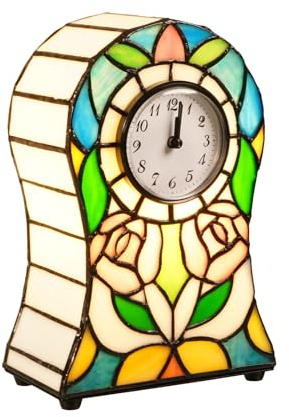 Yodimust Tiffany Style Rose Pattern Bell-Shaped Table Lamp with Clock, Stained Glass Lamp, Creative Clock Lamp, Decoration for Bedroom, Bedside Lamp, Office
