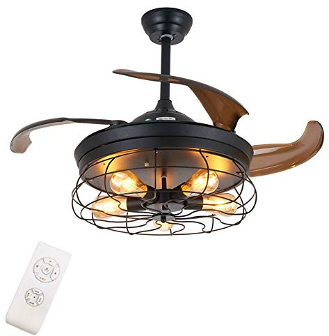 Ventiladores de Techo, Luces, Ventilador Industrial de 36 con Luces, Ventilador de Techo Rústico Negro con Aspas Retráctiles, Lámpara de Techo con Control Remoto para Cocina, Comedor, Sala de Estar,