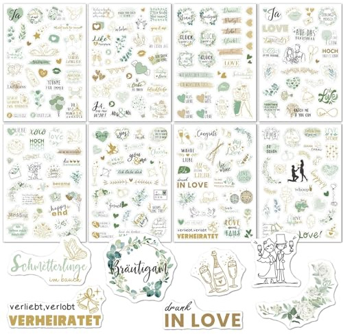 Sticker Hochzeit Gästebuch (230+ Motive), Vintage Hochzeit Aufkleber | Sticker Fotoalbum Liebe, Aufkleber Liebe Herzen für Gästebuch Fotoalbum oder Scrapbook Wedding Deko-Goldgrün