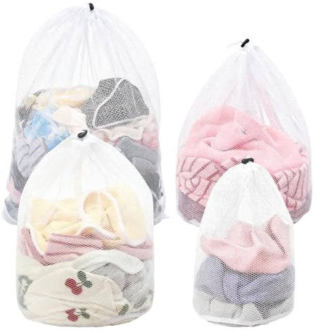 Keboyoe 4 Stück Wäschenetz für Waschmaschine Wäschenetz mit Zugband | 4 Größen weiß mit Kordelstopper geeignet für Bettwäsche und Kleidung aller Größen Decken Rucksäcke