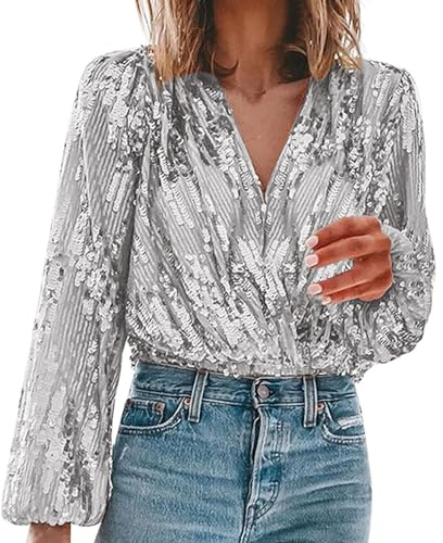 Pailletten Oberteil Damen Karneval Glitzershirt Elegant Glitzer Shirt V-Ausschnitt Glitzernd Tshirt Auffällig Glitzeroberteil Funkelnd Fasching Bluse Party Festliche Blusen