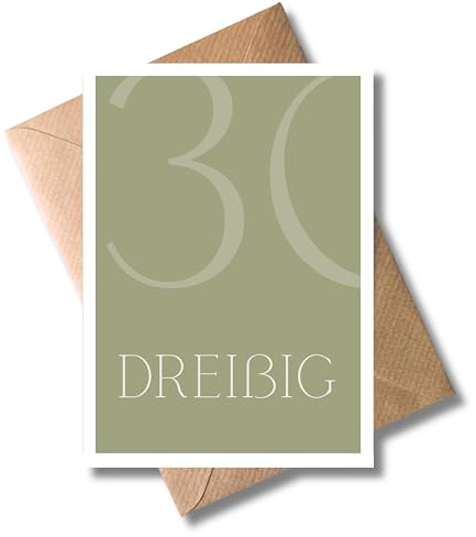 WBdesignz 30. Geburtstag Karte mit Umschlag - Einfache, stilvolle Glückwunschkarte „dreißig“ in Olivengrün für Frauen & Männer - Modernes Design zum 30. Geburtstag, minimalistisch und elegant (DIN A6)