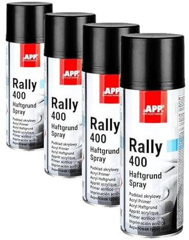 APP Rally 400 Acryl Primer Spray - Apprêt universel noir | Bombe peinture d'appret avec une excellente adhérence | Appret pour carrosserie, metal, plastique, bois | 400 ml | Noir (Lot de 4)