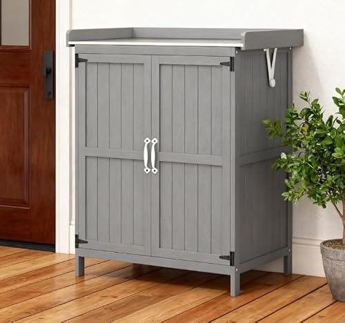GOWE Wooden Potting Bench with 2 Doors,Outdoor Storage Cabinet,Garden Tool Shed with Metal Tabletop and Shelf