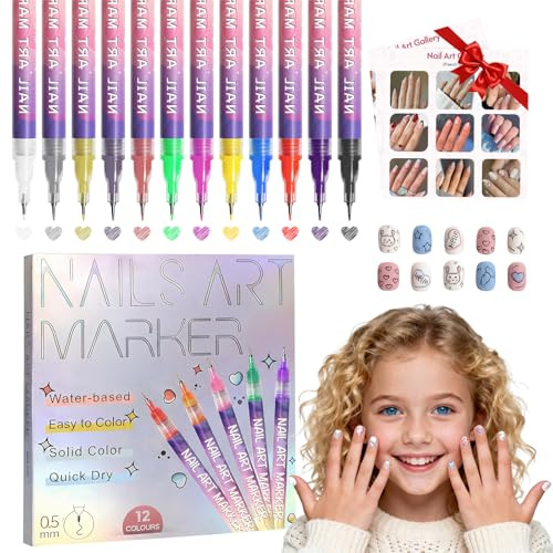 Nail Art Pens,12 Colors Art Markers for Painting Nails, Fingernail Doodle Paint Set for Kids, Gel Nail Polish Pens Quick Dry
