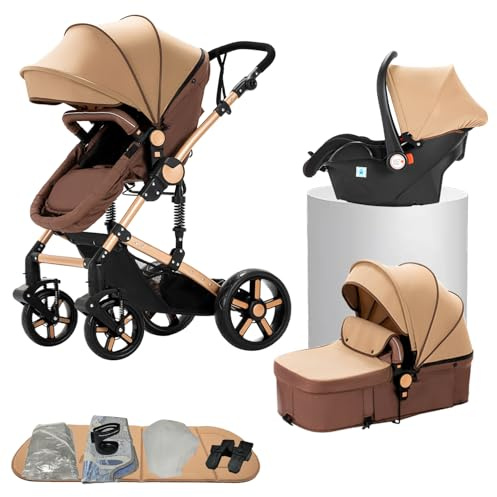 Passeggino combinato 3 in 1, bidirezionale con navicella, regolabile 105-180°, pieghevole semplice, 4 ruote (588-Khaki)