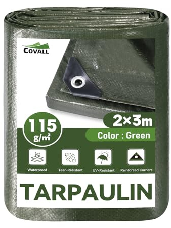 COVALL Green Tarpaulin 2m x 3m,115gsm Waterproof UV Resistant Heavy Duty Tarp