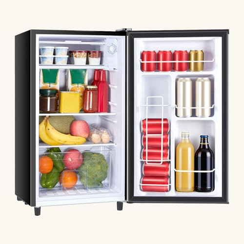 KMFurnila Mini Fridge with Freezer, 3.2 Cu.Ft Mini Refrigerators, Small Beverage Fridge with Adjustable Thermostat, for Bedroom, Office, Dorm, Single Door, Quiet & Energy Saving, Silver