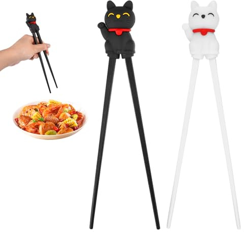 2 par ätpinnar barn, ätpinnar hjälp söt Lucky Cat, återanvändbara halkfria stavar för barn, barnpinnar för att äta för nybörjare, träning, asiatiska rätter (svart/vit)