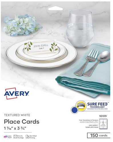 Avery Printable Place Cards with Sure Feed Technology, 1-7/16 x 3-3/4, Textured White, 150 Blank Tent Cards for Laser or Inkjet Printers (16109)