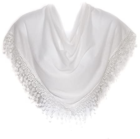 Hat To Socks Foulard Triangle Femme - Étole Élégante avec Franges en Dentelle Bobbin (Blanc)