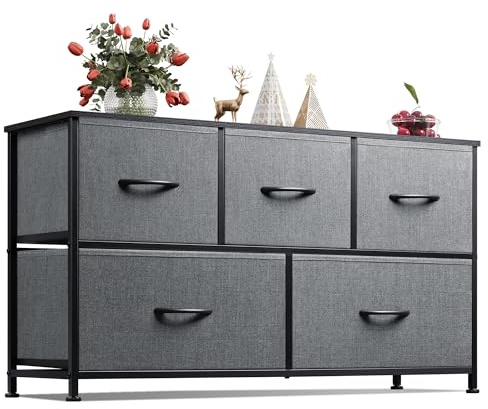 WLIVE Dresser for Bedroom with 5 Drawers, Wide Chest of Drawers, Fabric Dresser, Storage Organizer Unit with Fabric Bins for Closet, Living Room, Hallway, Dark Grey