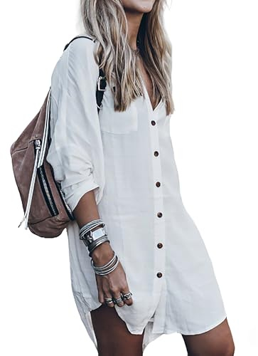 Bsubseach Robe de Plage Chemise Tunique À Manches Longues Pour Femme Chemisiers Chic Elegant Cache-maillots Et Sarongs Poncho Cardigan Kimono Boheme Caftan Blouse Pareo Femme Plage Blanc
