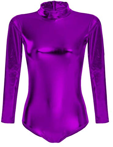 IBTOM CASTLE Ballettanzug Damen Frauen Langarm Body Ballett Trikot Turnanzug Gymnastikanzug Tanzen Bodysuit Tanztraining Gymnastik Kostüm Einteiler Metallic One Piece Leotards Oberteile Violett L