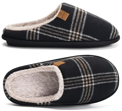 COFACE Chaussons Homme Pantoufles à Carreaux Hiver Chaussures Chaudes pour La Maison en Mousse à Mémoire de Forme, Laine en Peluche Doublée Avec Semelle en Caoutchouc Antidérapante Taille 42 Noir