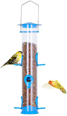 Urban Deco Hanging Plastic Tube Bird Feeder With 6 Ports - Niger Seed and Fat Ball Feeder for Small Birds - Steel Hanger, Weatherproof - Blue - 1 Pack