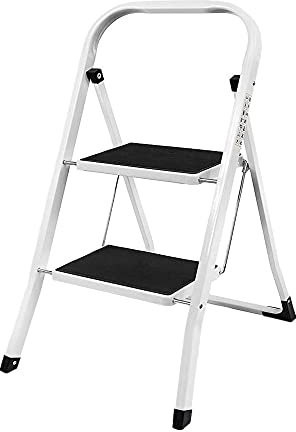 2 Step Ladder, Portable Foldable 2 Step Steel Ladder Non Slip Tread Stepladder Safety Folding Heavy Duty Step Stool,Ideal for Home/Kitchen/Garage 150KG Max Capacity