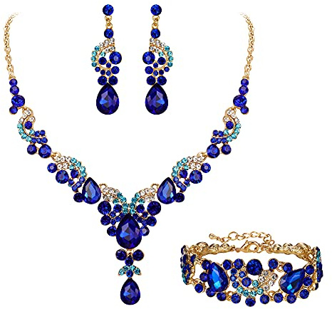 EVER FAITH Conjunto de Joyas de Cristal Nupcial Art Deco Floral Collar de lágrima de Pendientes y Pulsera Tono Dorado Azul