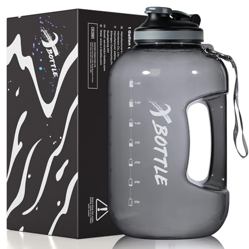 1 Gallon BPA Free Dishwasher Safe 128oz Large Water Bottle with Motivational Time Marker and Handle - Leak-proof Big Black Water Jug for Camping, Sports, Workouts (Chug Lid)