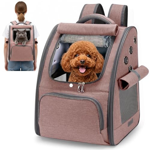 ALLSOPETS Zaino per Cani, Trasportino Gatto Zaino Pieghevole e Traspirante per Cani e Gatti con Tendine Parasole Ideale per Viaggi Escursioni e Campeggio (Marrone Rosato)