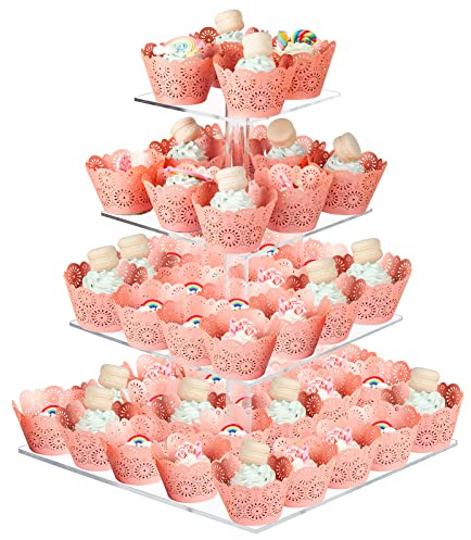Présentoir à cupcakes à 4 niveaux carré en acrylique clair, support à pâtisseries pour dessert pour mariage, anniversaire, fête à thème, fête prénatale