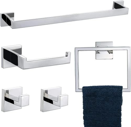 TURS Chrome Finish 5-Pieces Towel Bar Holder Sets,Concealed Screw Fixing | Classic SUS304 Stainless Steel Bath Accessory Wall-mounted Towel Hook Toilet Roll Holder Square Towel Ring,Waterproof