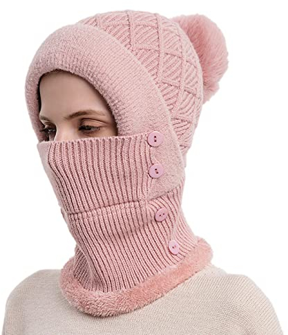 QinMMSPORTS Kapuzinermütze für das Gesicht der Kapuze Cold-Proof reiten Winter Cold-Proof Integrated Frauen Outdoor-Lätzchen Cap Fellmütze Mit Ohren (Pink, One Size)