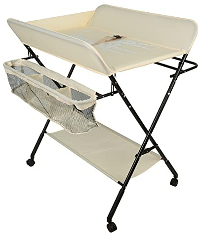 THINFAR Wickeltisch, klappbar, Wickeltisch mit Aufbewahrungskorb, Sicherheitsgurt und 4 Rollen, höhenverstellbar (80 x 66 x 98 cm, -Beige)