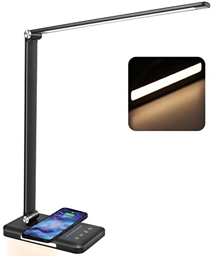 BIENSER LED Desk Lamp with Wireless Charging, Night Light, USB Charging Port, 10 Dimmable Brightness Levels, 5 Color Modes, Desk Lamps for Home Office, Touch Control, Auto Timer, 24W Adapter Included