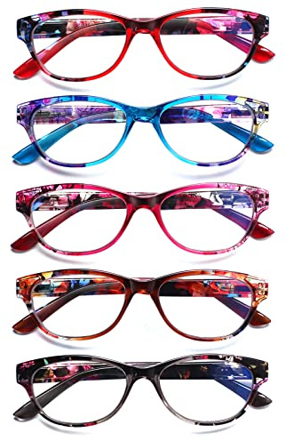 SIGVAN Ladies Cat Eye Reading Glasses 5 Pairs Blue Light Blocking Spring Hinge Fashion Pattern Print Readers for Women (colorful, 3.50, multiplier_x)