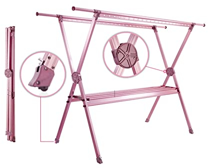 luckxuan Wäscheständer/Wäschetrockner Aluminiumlegierung 2-Layer-Kleidertrocknungsregal, bodengehende Faltbare Kleidertrocknungsregal mit 4 versteckten Zauberern Clothes Drying Rack (Color : Roze)