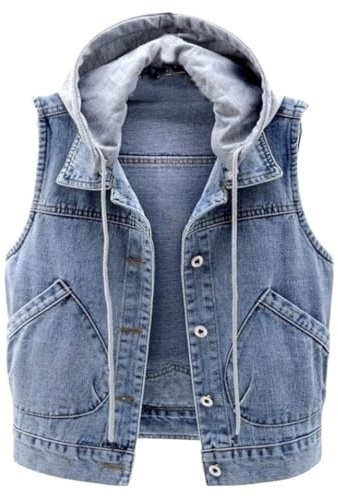 OLGER Ärmellose Jeansweste-Vintage Distressed Washed Denim Weste Kordelzug Abnehmbare Kapuze Kurze Jeansweste Jeansjacke Cropped Freizeit Sommer Frühling Jeansjacke Cardigan Top Outwear,Hellblau,L