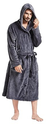 FashGudim Peignoir à Capuche pour Hommes, Col Châle en Peluche, Peignoir Doux et Chaud en Molleton de Flanelle, Robes de Spa, Manteau de Maison, Longueur de Veau avec Poches