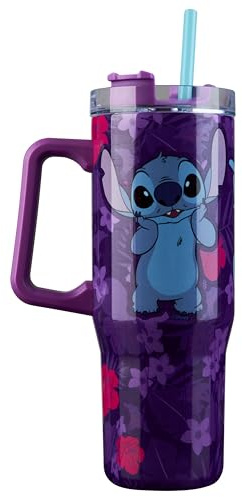 Disney Stitch Insulated Tumbler Travel Mug 940ml/33oz Water Bottle with Straw & Handle Thermal Double Wall Vacuum Insulation Drinks Cold Up to 17Hrs, Hot Up to 8Hrs, 45Hrs Ice
