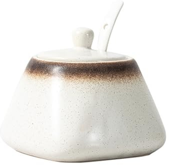 Jarsense Ceramic Sugar Bowl, 430ml Sugar Pot with Lid and Spoon, Spice Jar for Salt, Sugar, Coffee, Tea, Condiment Containers Seasoning Box for Home Kitchen Coffee Bar - Off White