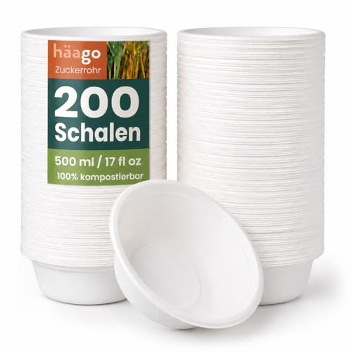 HAAGO 200 Biodegradable Sugarcane Bagasse Bowls, 500ml - Strong Paper Bowls - Leak-Resistant, Eco-Friendly, Compostable & Disposable Party Bowl for Soup & Dessert, Hot & Cold Food