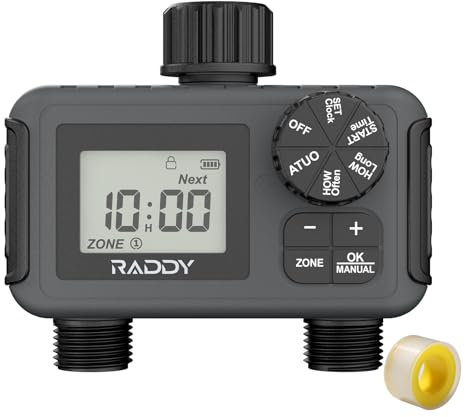Raddy Garden Hose Sprinkler Timer 2 Zone with Rain Delay, Black